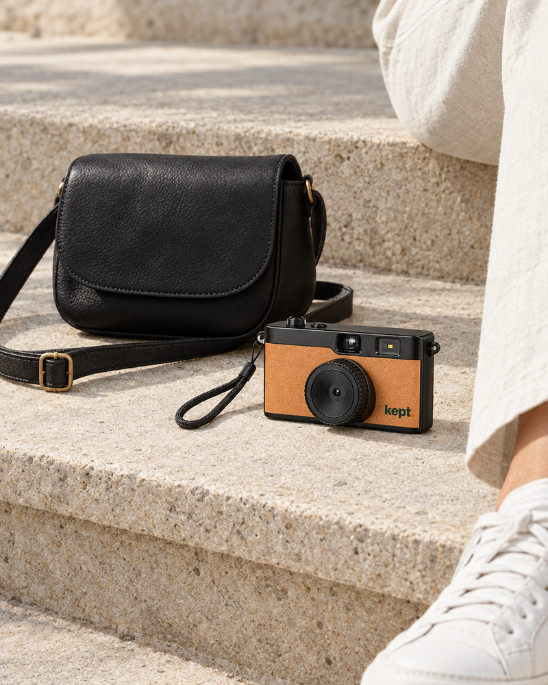 kept. camera next to a bag on stone steps