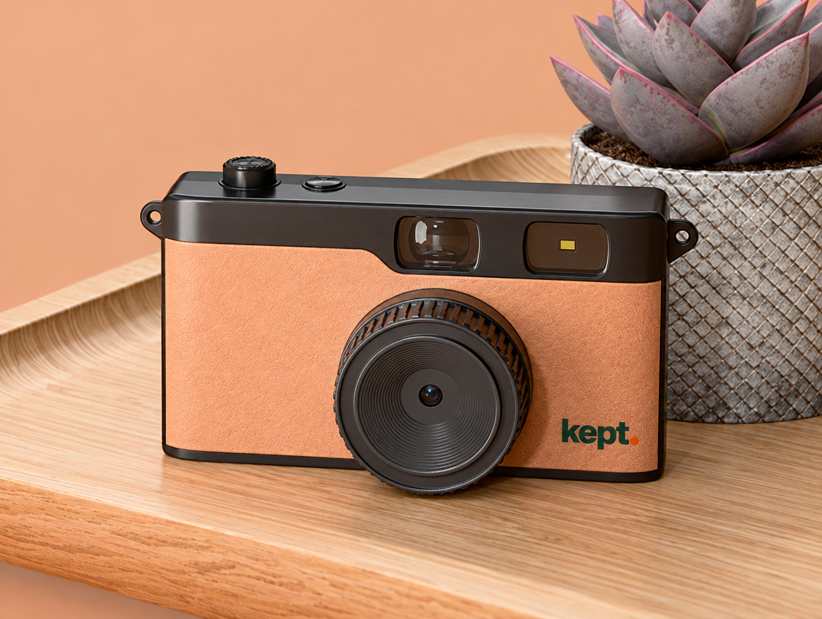 Tan kept. camera on a wooden tray