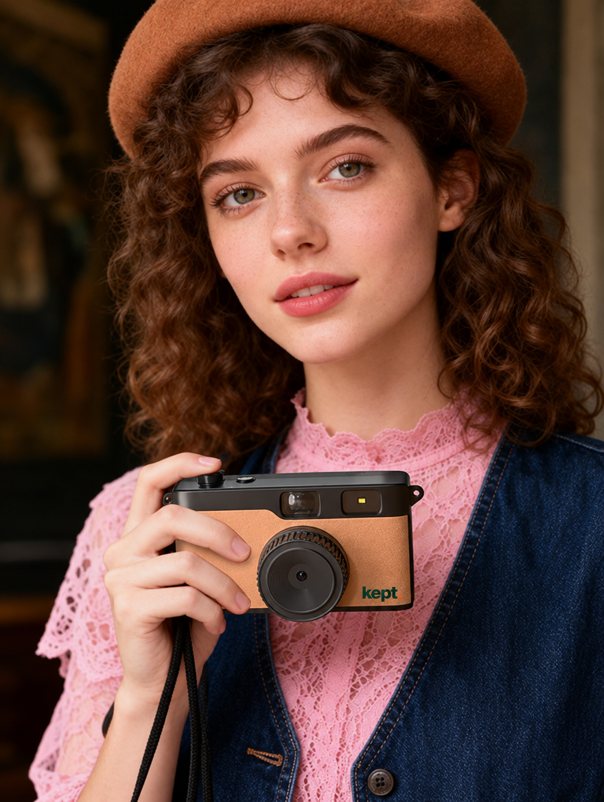 Woman holding the tan kept. camera